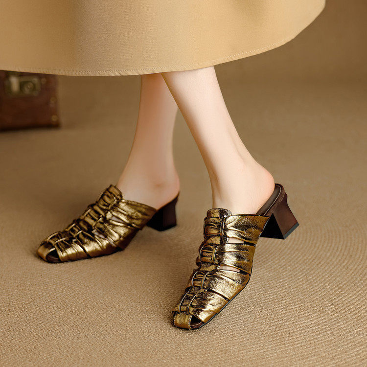 Italian [Designer] 5.5cm High-Heeled Half-Slippers for Outdoor Wear, Fashionable Genuine Leather Woven Mule Sandals