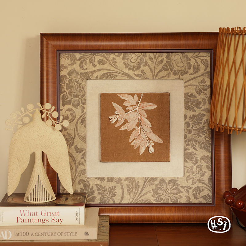 Persimmon Life: a Leaf Foretells Autumn Decorative Painting French Retro Solid Wood Frame Art Wall Hanging for Living Room, Dining Room, Bedroom, and Entryway