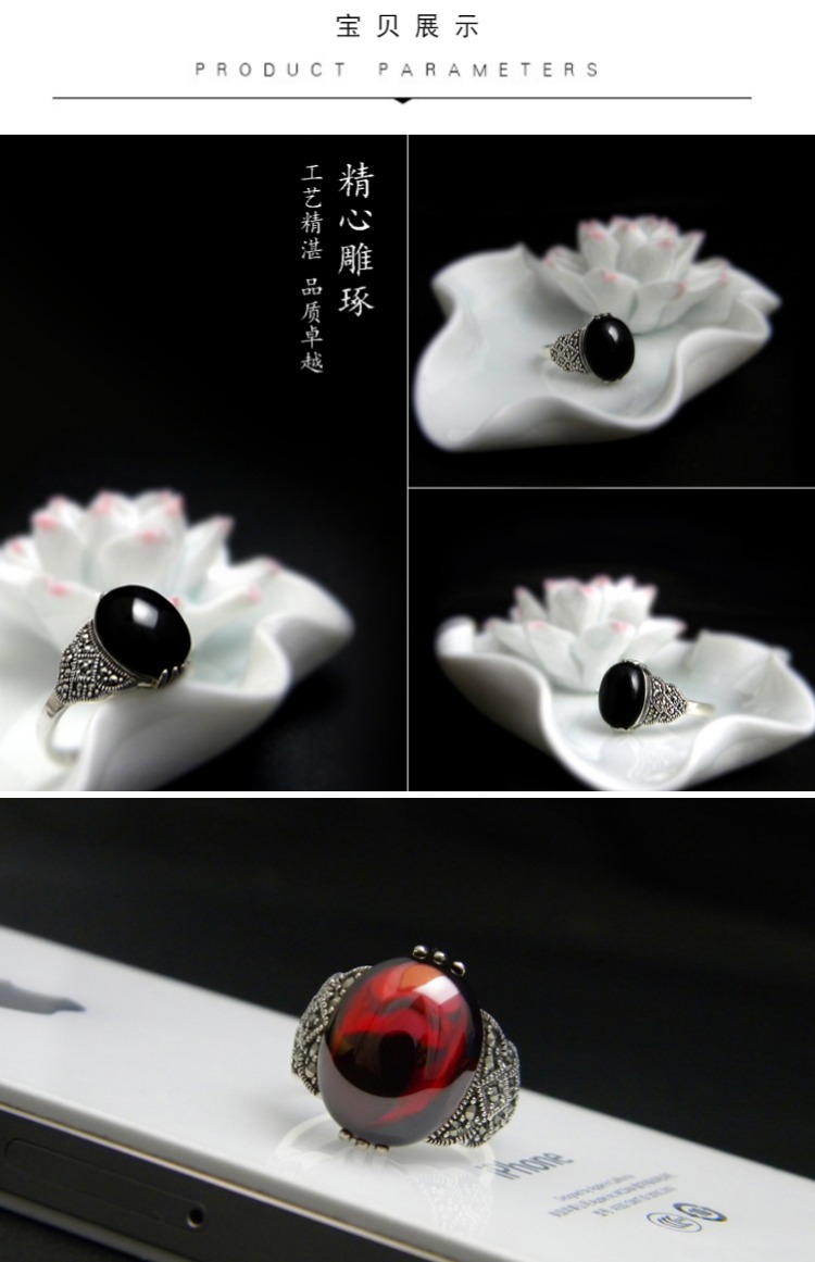 Nhẫn bạc 925 sterling nữ dát đỏ kho báu garnet Thái bạc đen mã não mở kích thước lớn thời trang retro để gửi mẹ nhẫn lông voi nam