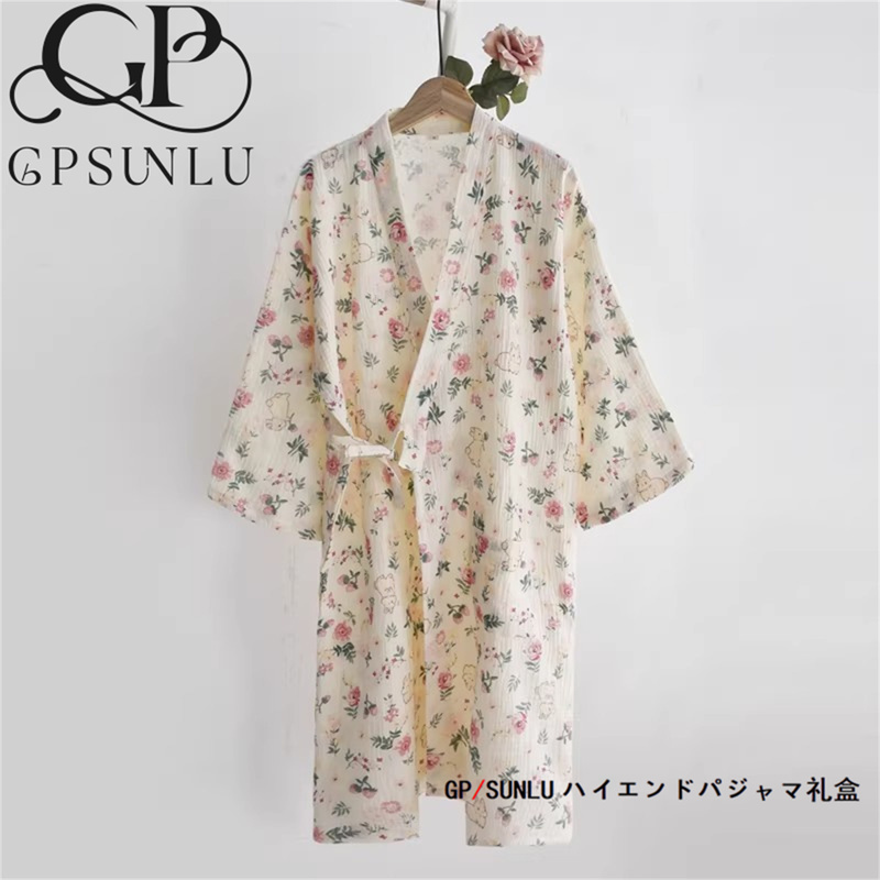 Japanese Gp Pure Cotton Gauze Nightgown for Women, Summer Long-Sleeved Sweet Floral Sauna Kimono Bathrobe, Thin Pajamas, Home Wear