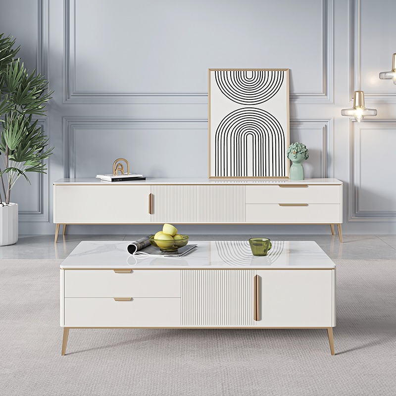 TV cabinet tea table combination light luxury living room modern simple bedroom high white paint rock board TV cabinet