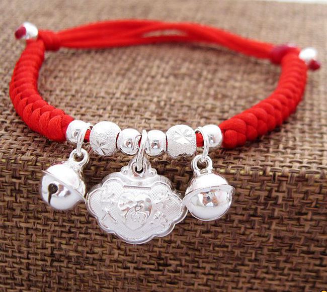 S99 sterling bạc chuông cuộc sống lâu dài và giàu có khóa trẻ em bé trang sức trẻ em dệt tay sợi dây màu đỏ vòng cổ chân - Vòng chân