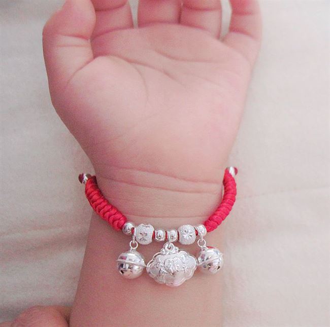 S99 sterling bạc chuông cuộc sống lâu dài và giàu có khóa trẻ em bé trang sức trẻ em dệt tay sợi dây màu đỏ vòng cổ chân - Vòng chân