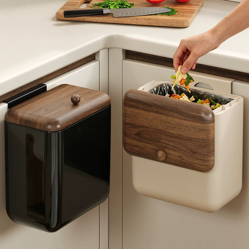 Japanese Quality Vintage-Style Kitchen Trash Can with Lid, Cabinet Door Wall-Mounted, No Bending Required, Large Capacity Food Waste Storage Bin