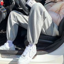 Gray velvet sweatpants womens autumn and winter loose bunches feet straight wide legs high waist slim Joker wear casual pants