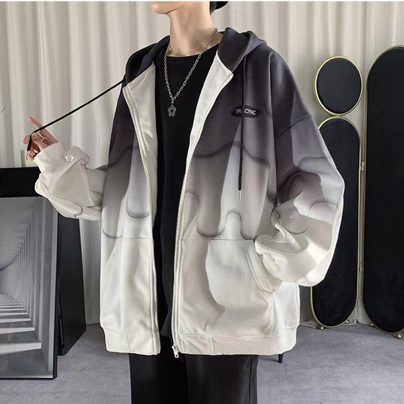Clearance Sale: Men's Gradient Cardigan Sweatshirt, Autumn and Winter Hooded Trendy Brand Fleece-Lined Youth Zipper Jacket