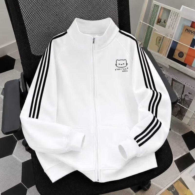 Three-Stripe Cardigan Cartoon Print Sweatshirt for Men, Spring and Autumn American Style Trendy Retro Casual Stand Collar Sports Jacket
