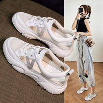 2021 new summer Baotou sports inner height-increasing sandals women flat openwork casual wedge heel white shoes