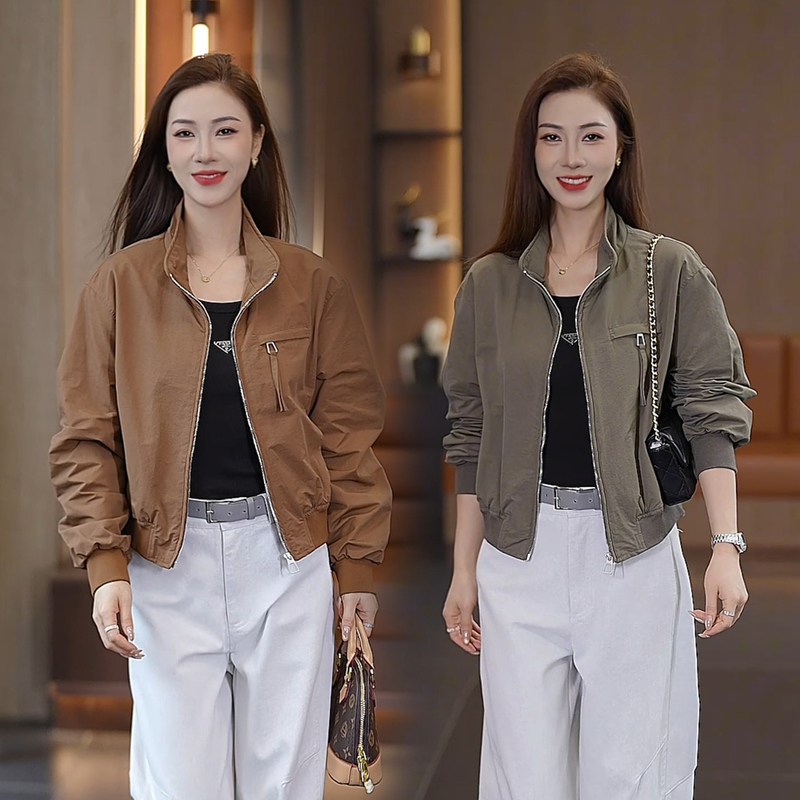 Women's Stand-Up Collar Short Jacket 2026 Autumn New Loose Casual Versatile Zip-Up Bomber Jacket