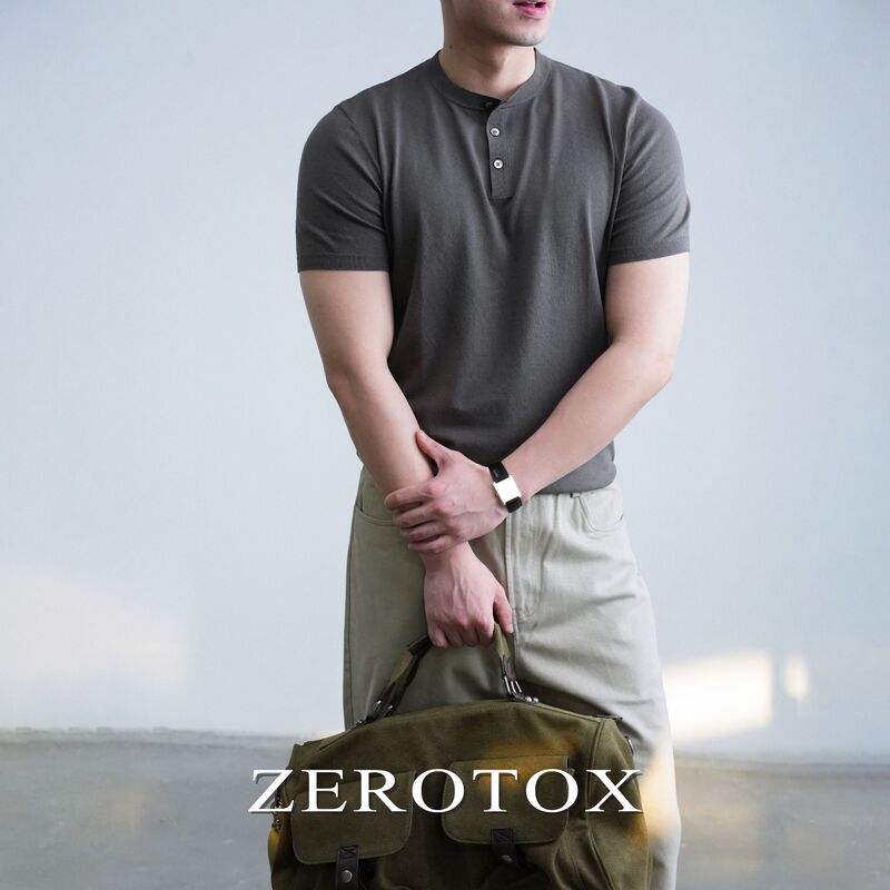 Gzx Zerotox American-Style Henry Collar Retro Knitted Polo Slim-Fit Men's Short-Sleeve Shirt, Simple and Comfortable