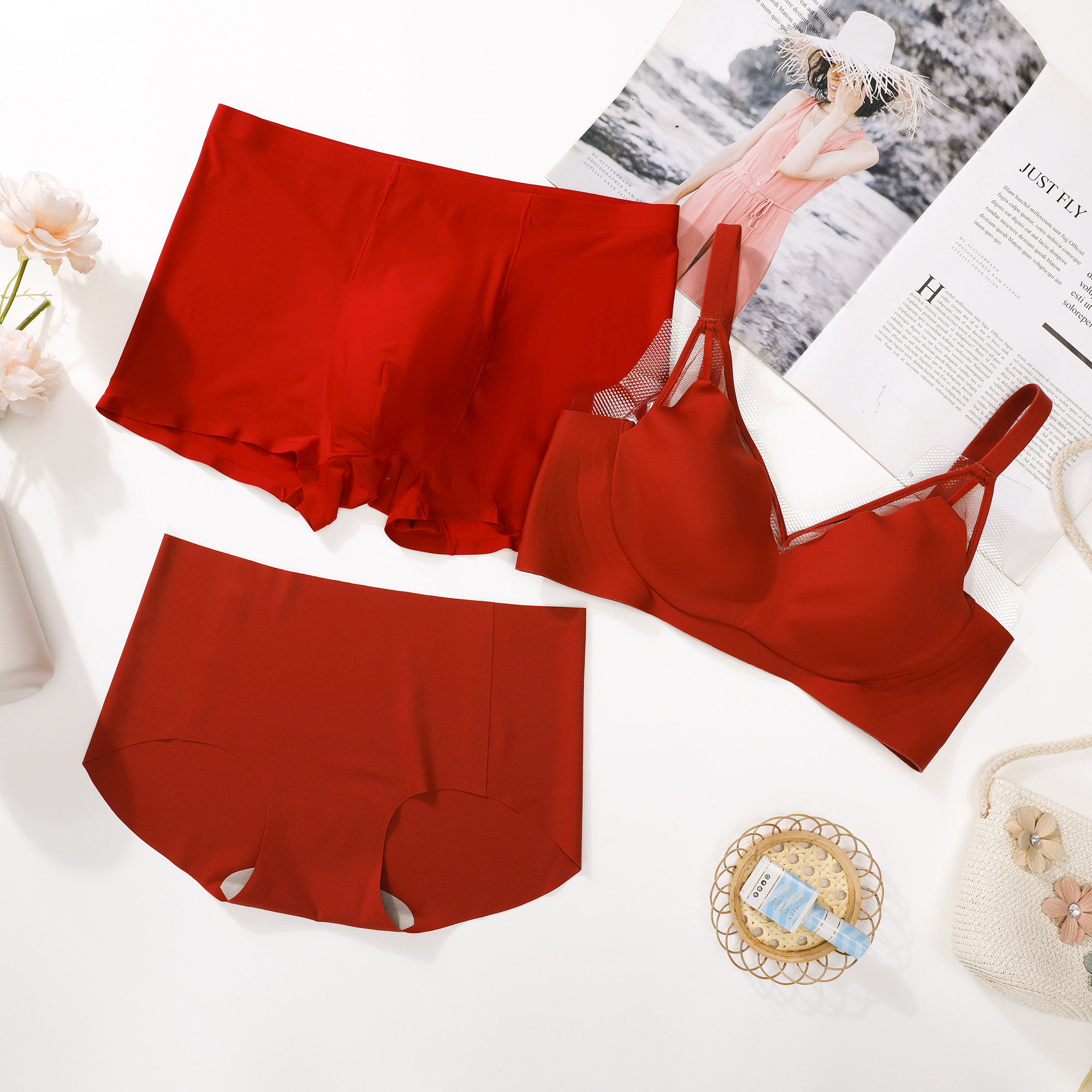 French large bra small ultra-thin red underwear suit married couple underwear three-piece set of one man and one woman with bra