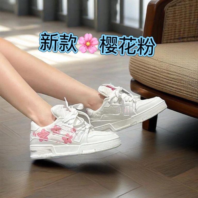 2025 New Murakami Takashi Collaboration Cherry Blossom Pink Genuine Leather Casual Sneakers Pink Lace-Up White Cement Versatile White Shoes