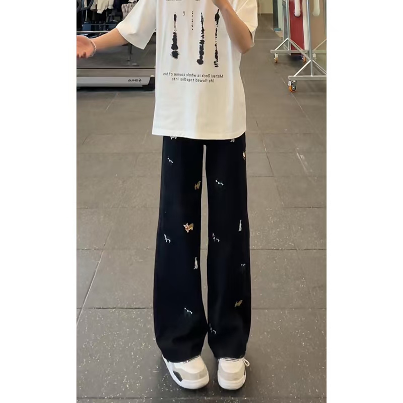 American High Street Men's Jeans 2026 New Black Dog Embroidery Straight-Leg Trousers Men's Flared Pants American High Street Men's Jeans 2026 New Black Dog Embroidery Straight-Leg Trousers Men's Flared Pants