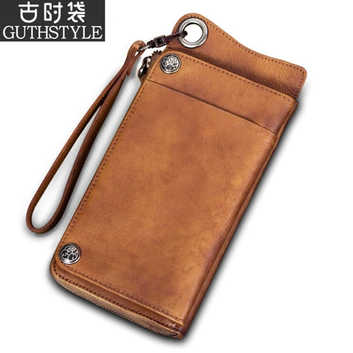 Ретро кожаный бумажник, длинная сумка через плечо с молнией, воловья кожа, из натуральной кожи, японские и корейские