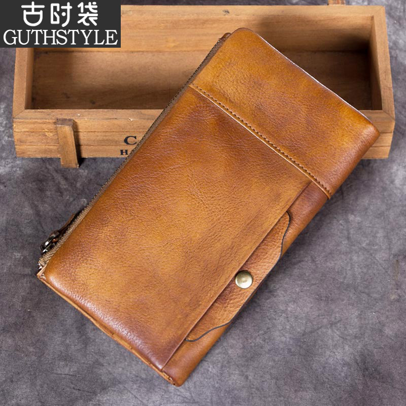 Men's handmade wallet men's retro wallet men's leather wallet men's long version zipper head layer cowhide 2022 new thin