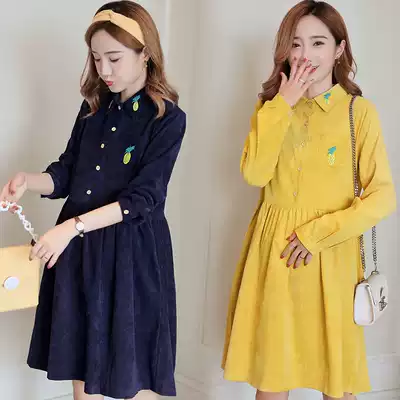 Pregnant women autumn top medium long skirt 2021 new long sleeve base skirt fashion Korean corduroy dress