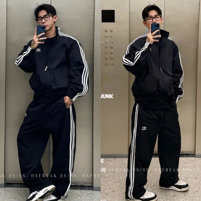 [Three Stripes Sports Suit] Spring and Summer Classic Striped Quick-Dry Jacket and Straight-Leg Sports Casual Pants Set