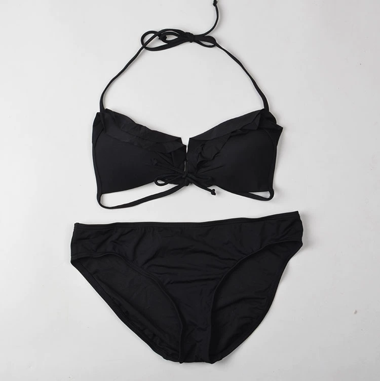 Châu Âu và Châu Mỹ quai đen mảnh và size lớn bikini bèo nhún Bộ đồ bơi nữ KC053 - Bikinis