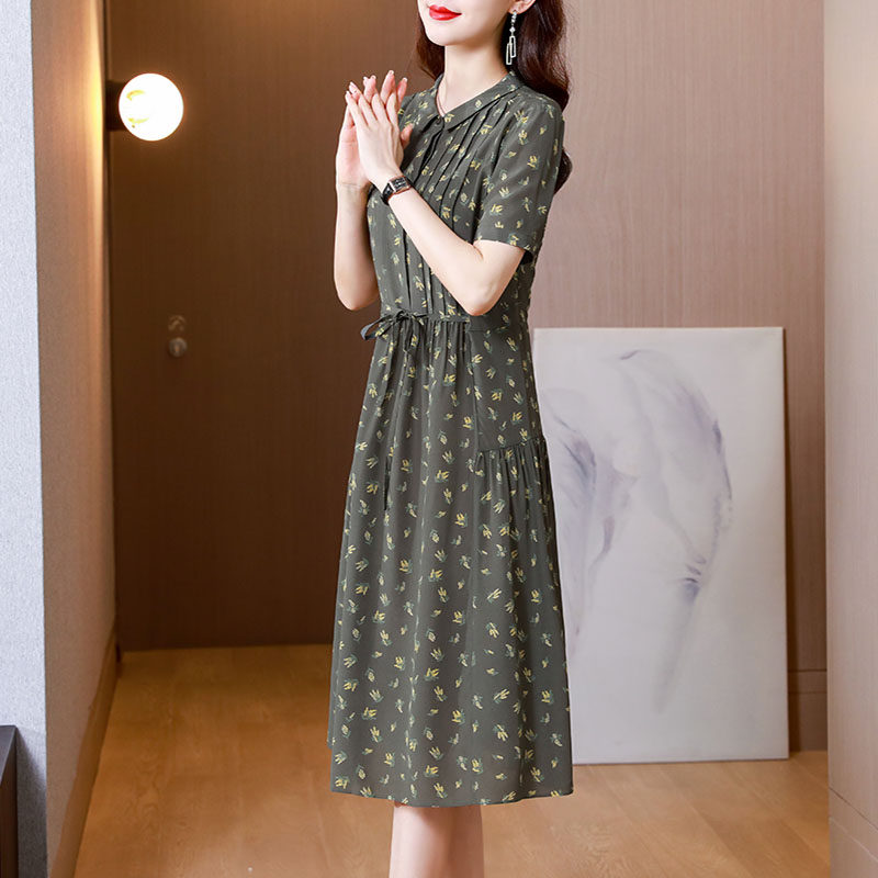 High-end crepe de chine silk dress women's summer new fashion mulberry silk floral mid-length tie waist thin section
