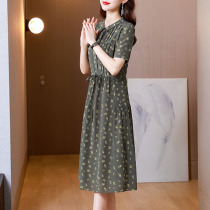 High-end crepe de chine silk dress womens summer new fashion mulberry silk floral mid-length tie waist thin section