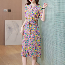 Floral crepe de chine silk dress womens summer new high-end fashion mulberry silk mid-length belt skirt young