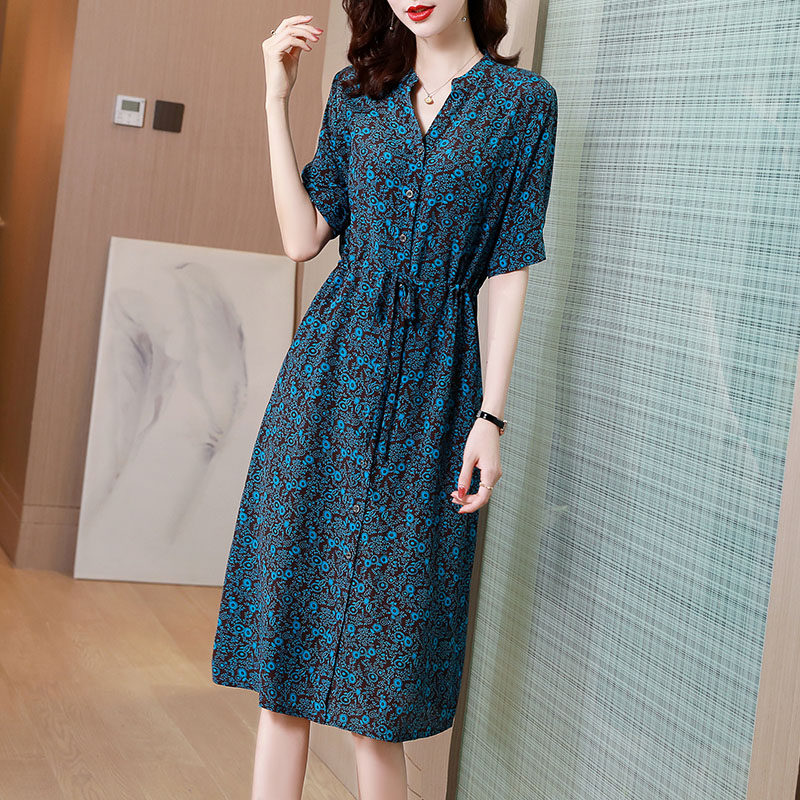 Design sense floral silk dress 2022 summer new V-neck slim intellectual mulberry silk shirt mid-length skirt