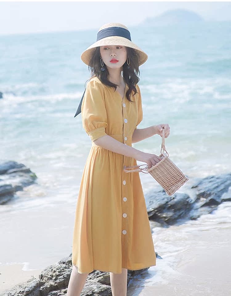 Mùa hè 2019 mới của phụ nữ thon dài phiên bản Hàn Quốc của eo tiên cổ tích tay áo ngắn nhỏ nút tươi - Váy eo cao 	váy body xoắn eo