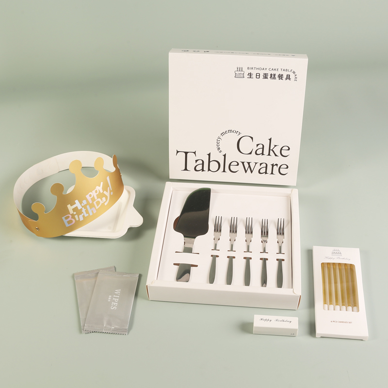 New Stainless Steel Cake Knife and Fork Set, High-End Birthday Plate, Tableware, Candle, Hat, Packaging Box, Disposable