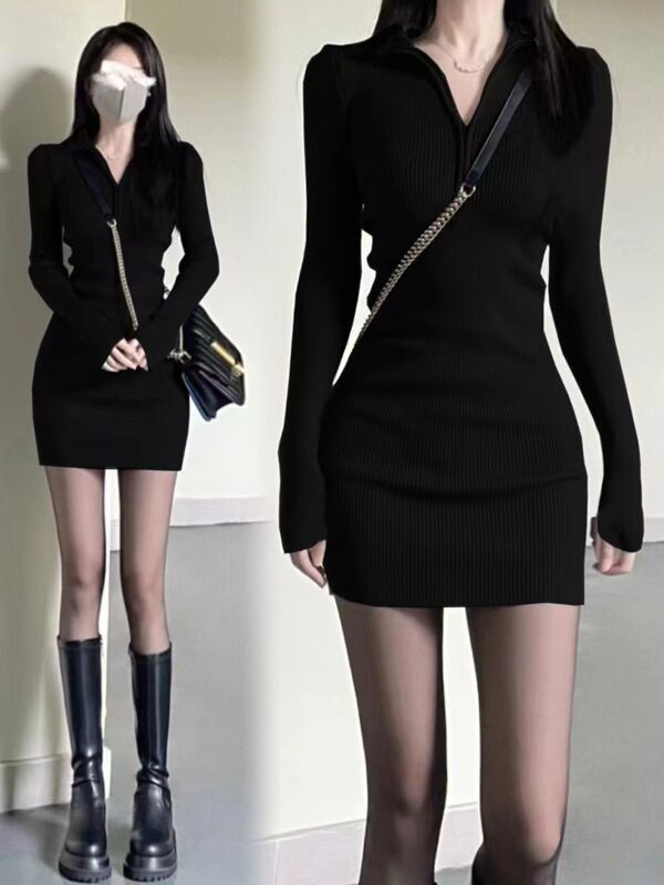 New Autumn and Winter Long-Sleeved Velvet Base Dress, Slim-Fitting, Elegant and Sexy, Bodycon Black Dress, Trendy New Autumn and Winter Long-Sleeved Velvet Base Dress, Slim-Fitting, Elegant and Sexy, Bodycon Black Dress, Trendy