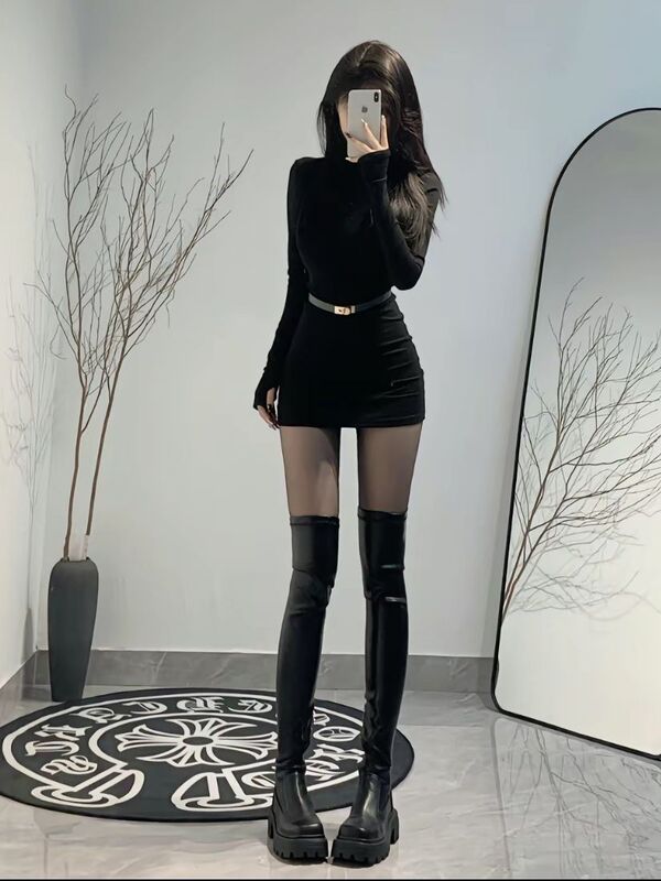 Half-High Collar Knitted Bodycon Dress for Autumn and Winter, Sexy Slim-Fit Short Dress with Long Sleeves and Belt Half-High Collar Knitted Bodycon Dress for Autumn and Winter, Sexy Slim-Fit Short Dress with Long Sleeves and Belt