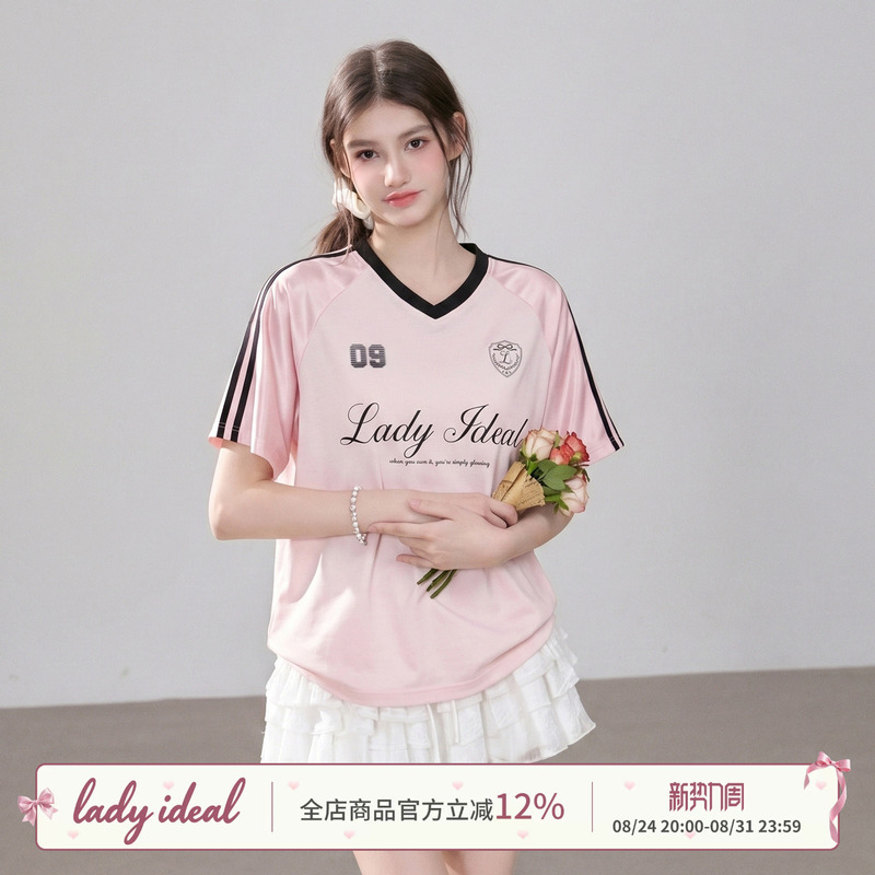 Lady Ideal''09 Jersey'' Pink Loose Short-Sleeved T-Shirt for Women Summer Contrasting Satin V-Neck Sports Jersey Lady Ideal''09 Jersey'' Pink Loose Short-Sleeved T-Shirt for Women Summer Contrasting Satin V-Neck Sports Jersey