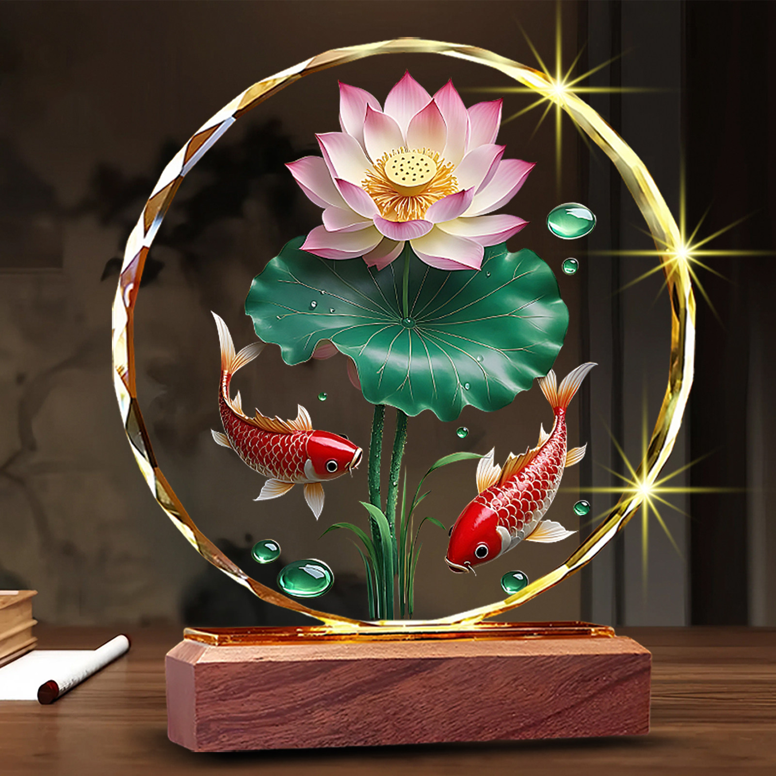 可定制锦鲤圆形水晶摆件桌面玄关客厅开业乔迁高端创意装饰工艺品