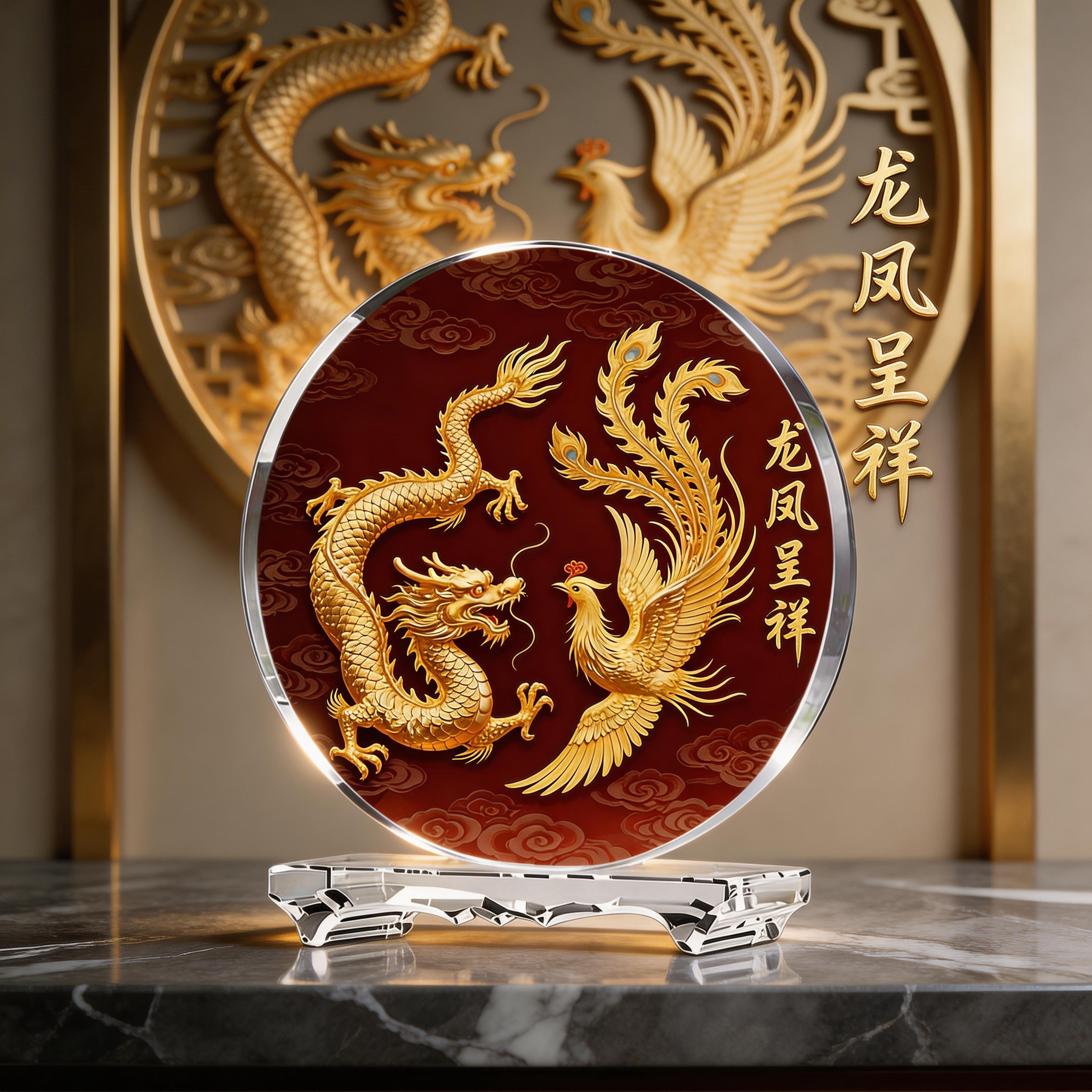 龙凤呈祥内雕水晶摆件桌面客厅玄关办公室新人新婚订婚礼物工艺品