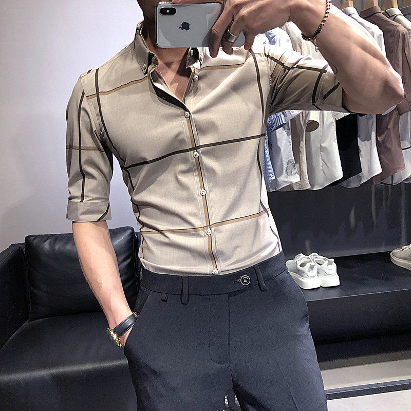 Rich bird plaid shirt men short sleeve summer Korean version trend handsome mid-sleeve slim cotton five-quarter sleeve shirt