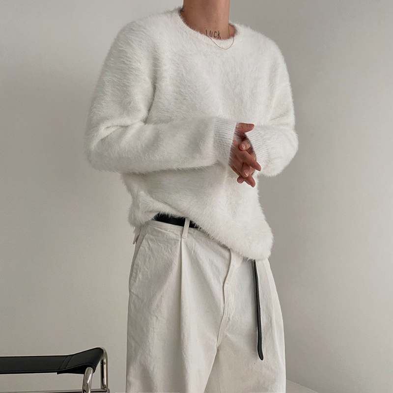 Mrcyc Mink Fur Lazy Knit Sweater for Men, Autumn and Winter Korean Style Loose Solid Color Top, Soft and Thick Round Neck Sweater