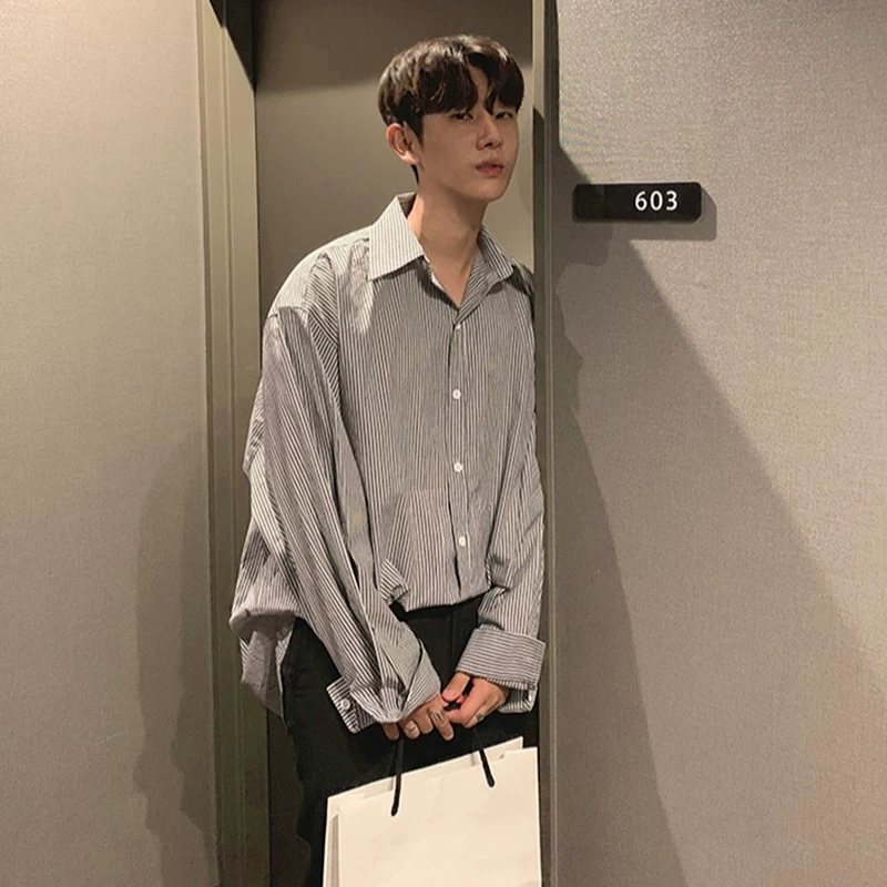 MRCYC Korean style loose long-sleeved striped shirt for men, handsome and trendy boyfriend, versatile shirt, Hong Kong style top