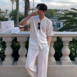 Футболка с коротким рукавом, штаны для отдыха, спортивный костюм, V-образный вырез, свободный прямой крой