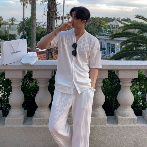 Футболка с коротким рукавом, штаны для отдыха, спортивный костюм, V-образный вырез, свободный прямой крой