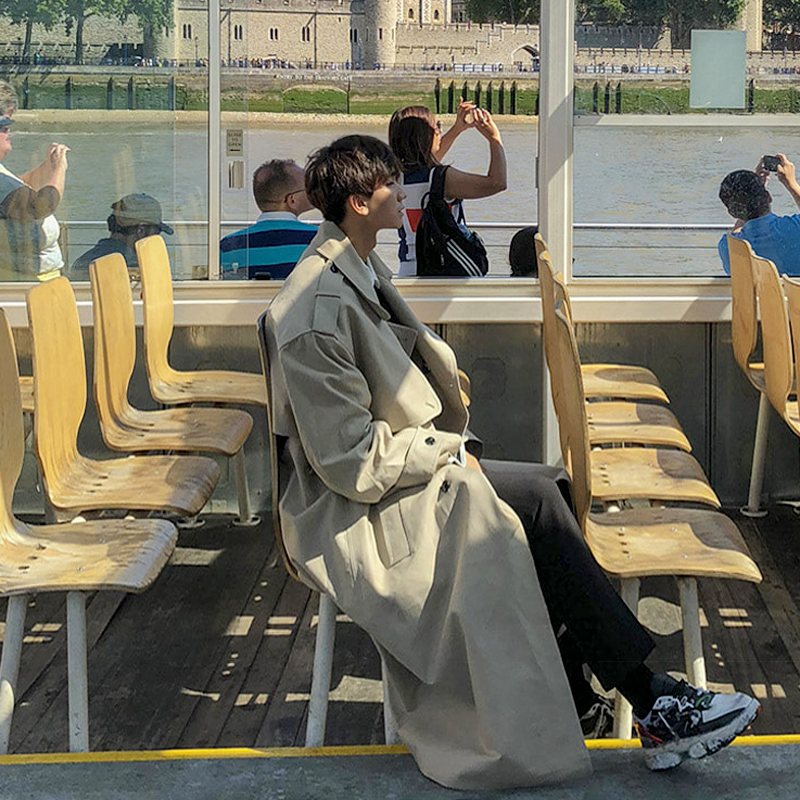 New men's handsome windbreaker spring and autumn Korean version of the trend coat jacket men over the knee windbreaker men's medium-long version of the thin section