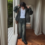 Мужской джинсовый комплект, толстовка с капюшоном, куртка, трендовые прямые свободные джинсы, осенний