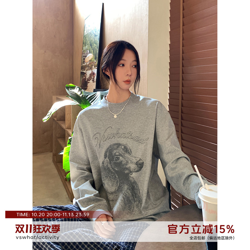 Vs What "Afternoon Farm" Puppy Print Versatile Casual Solid Color Long-Sleeve T-Shirt for Women, Versatile Loose Top Vs What "Afternoon Farm" Puppy Print Versatile Casual Solid Color Long-Sleeve T-Shirt for Women, Versatile Loose Top