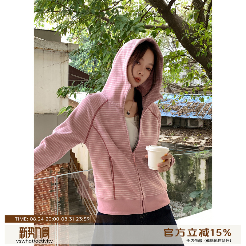 Vs What "Striped Interlude" Striped Hooded Cardigan Sweatshirt Jacket for Women, Autumn Thin Long-Sleeved Short Top Vs What "Striped Interlude" Striped Hooded Cardigan Sweatshirt Jacket for Women, Autumn Thin Long-Sleeved Short Top