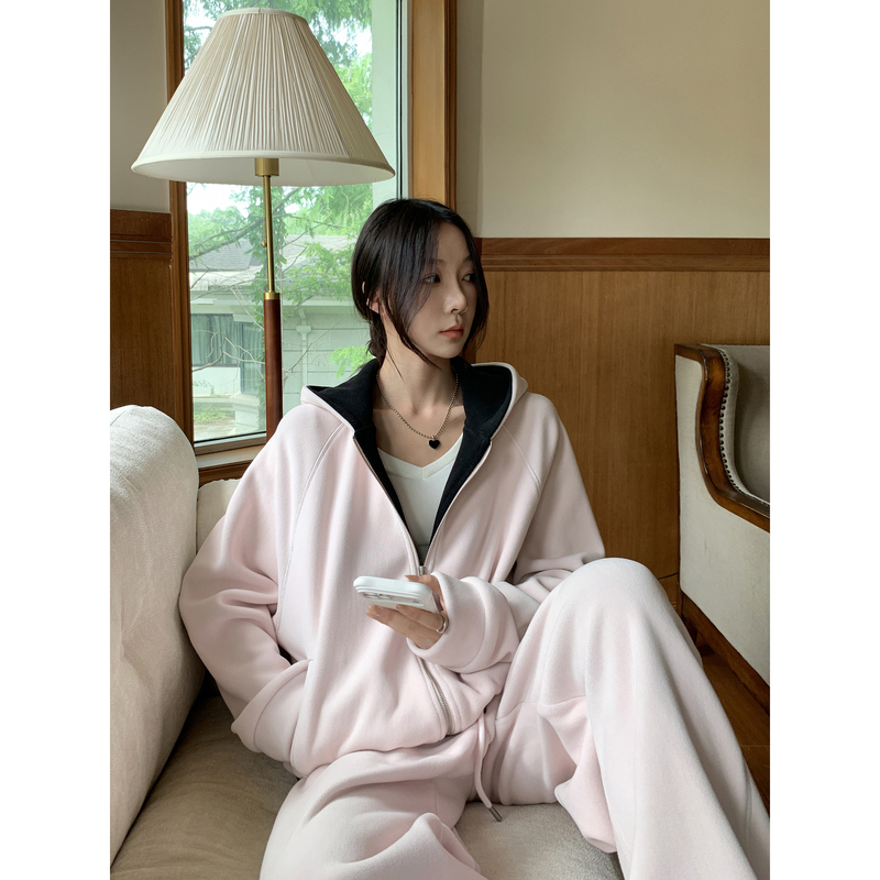 Vs What "Lazy Man's Diary" Sweatshirt and Casual Pants Set, Korean Style, Lazy Style, Color-Blocking Hooded Cardigan Jacket Vs What "Lazy Man's Diary" Sweatshirt and Casual Pants Set, Korean Style, Lazy Style, Color-Blocking Hooded Cardigan Jacket
