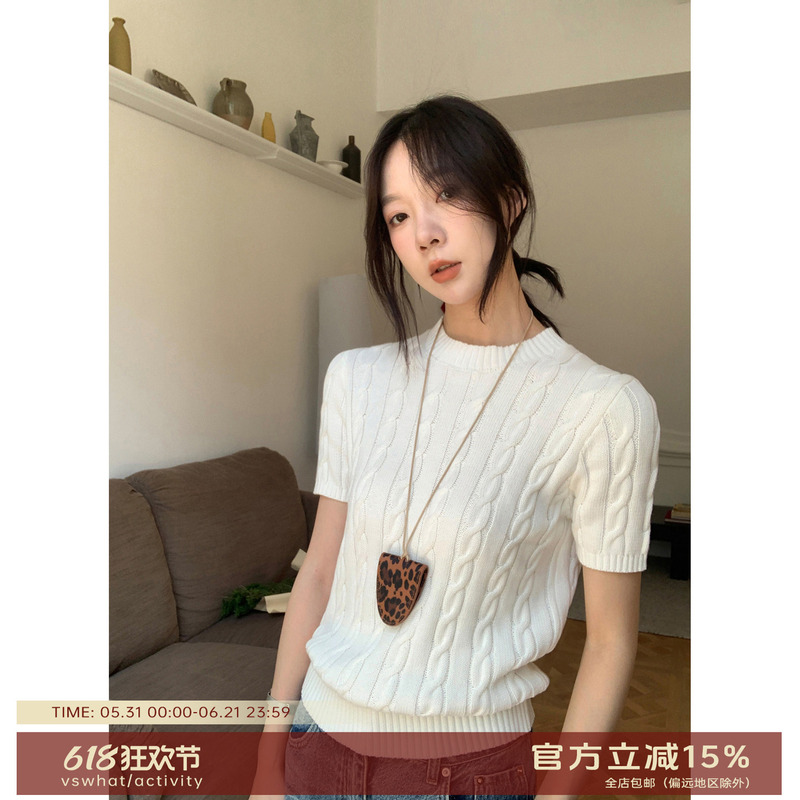 Vs What "Intelligent Old Money Style" Round Neck Slimming Button Knit Short-Sleeve Women's Versatile Lightweight Pure Cotton Top Vs What "Intelligent Old Money Style" Round Neck Slimming Button Knit Short-Sleeve Women's Versatile Lightweight Pure Cotton Top