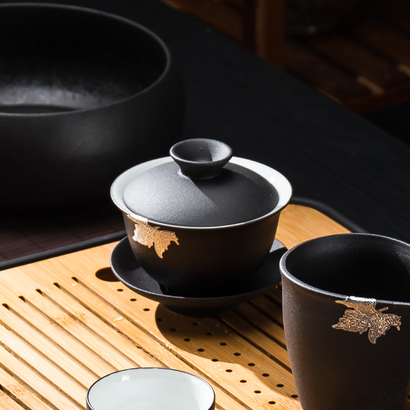 Day Style Retro Zen Manfeng Black Pottery Tea Tea Cover Bowl Three Talents Tea Dao Kung Fu Tea Tea Tea Tea Bowl Coarse Pottery Cover Bowl Tea Cup Home Tea Bowl