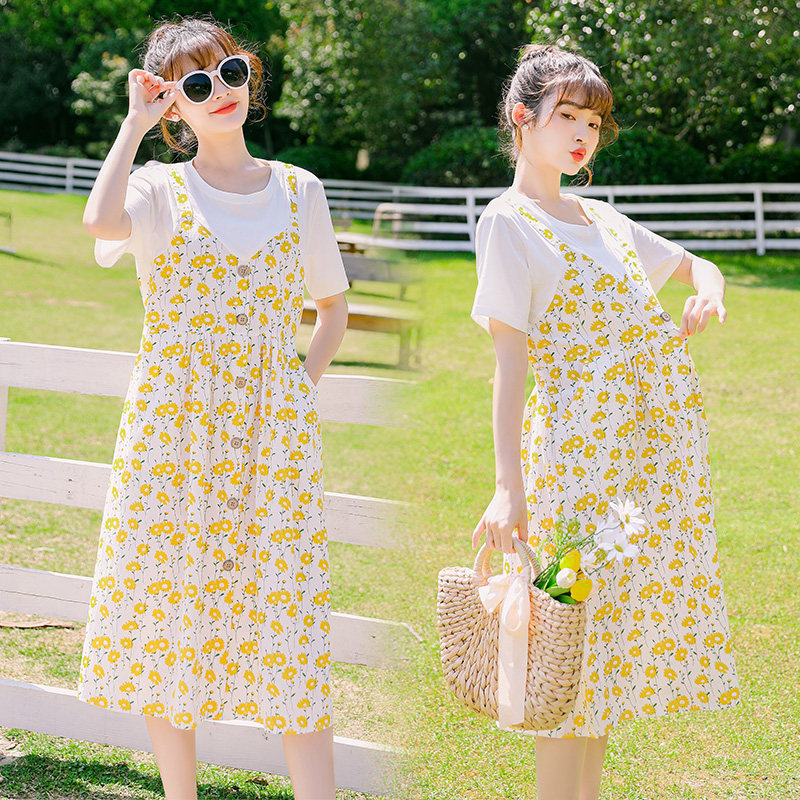 Pregnant woman summer dress dress dress 2021 fashion summer flower skirt out long skirt loose short sleeve summer clothes