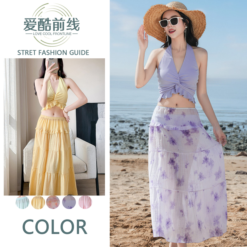 Ruffled Halter V-Neck Split Swimsuit for Women, Three-Piece Set, Bohemian Floral Long Skirt, Vacation Style Swimwear