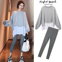 Pregnant womens autumn suit fashion models go out 2021 trendy mom personality fake two-piece autumn pregnant womens top two-piece set