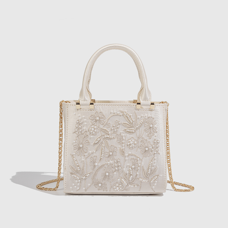 2025 Autumn New Women's Bag with Artificial Pearl Decoration, Silk Satin Texture, Hard Bag, Fashionable and Versatile Handbag, Crossbody Bag
