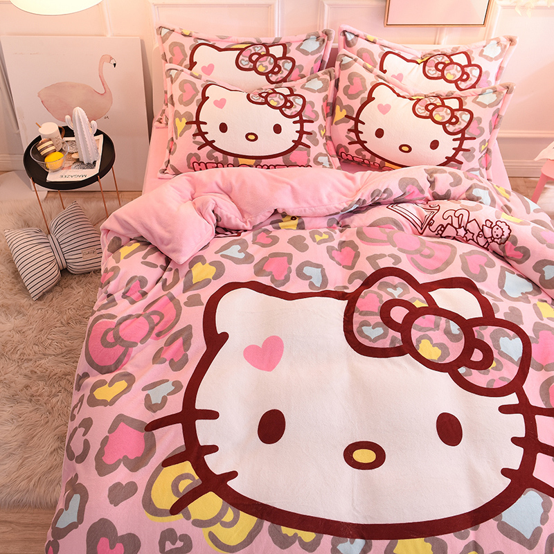 KTHello girl princess wind crystal velvet four-piece girl bedroom winter short plush naked sleeping bedding kit